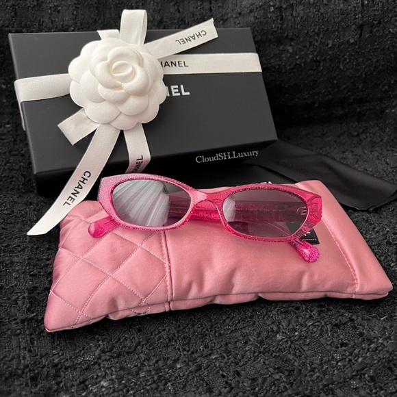 Auth NIB Chanel 71280 Crystal Logo Pink Glitter Rectangle Sunglasses - Picture 3 of 11